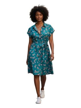 Anthropologie Maeve Teal Floral Button-Front Shirt Dress with Self Tie